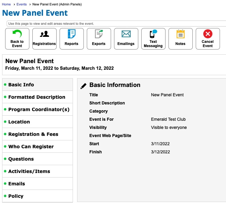 New Event Manager Panel