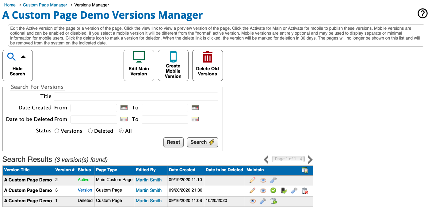 Page Builder Versions Manager